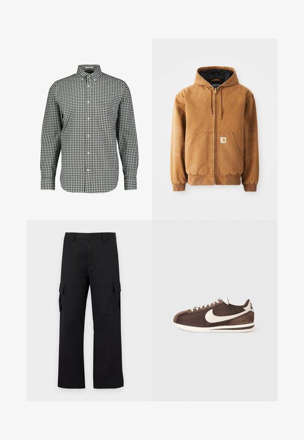Brązowa kurtka z kapturem na zamek błyskawiczny, z przednimi kieszeniami, sznurkami ściągającymi, ściągaczami na rękawach oraz małą kwadratową metką na lewej kieszeni.; Czarna i biała koszula w kratę z guzikami, z kołnierzykiem, długimi rękawami i kieszonką na piersi. Wykonana z tkaniny tkanej, posiada wygięty dół.; Czarne spodnie cargo o prostym kroju. Wykonane z trwałej tkaniny, posiadają dwie boczne kieszenie z klapkami oraz zapięcie na guzik.; Brązowe sneakersy z połączenia zamszu i materiału canvas, z białym logo Nike w kształcie swoosh oraz teksturowaną gumową podeszwą.