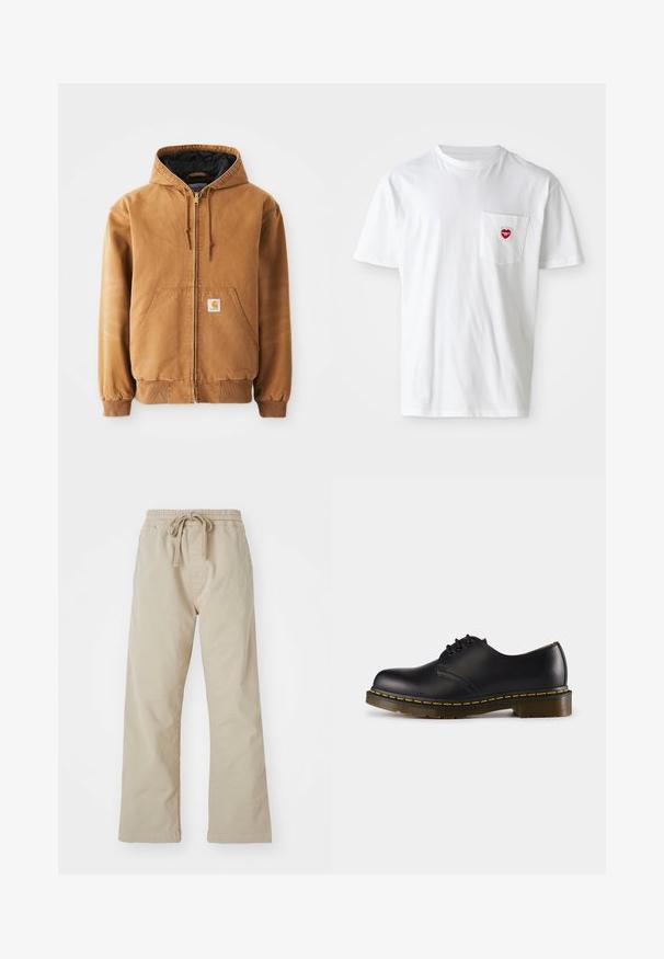 Brown zip-up hooded jacket with front pockets, drawstrings, ribbed cuffs, and a small square label on the left pocket.; White cotton t-shirt with a round neckline and short sleeves. Features a small red heart logo on the left chest pocket.; Beige cotton pants with an elastic waistband and drawstring. Straight-leg design, smooth texture, and no visible patterns or accents.; Black leather shoe with rounded toe, lace-up design, yellow stitching along the sole, and a chunky, textured rubber outsole.