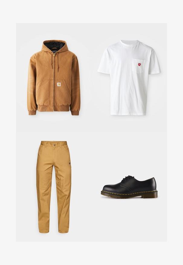Bruine rits-hoodie met voorzakken, trekkoorden, geribbelde manchetten en een klein vierkant label op de linkerzak.; Witte katoenen T-shirt met een ronde hals en korte mouwen. Bevat een klein rood hartlogo op de linkerkant van de borstzak.; Heren beige werkbroek met voorzakken, riemlussen, een knoopsluiting en een klein rond logo op de rechter bovenbeen.; Zwarte leren schoen met een ronde neus, vetersluiting, gele stiksels langs de zool en een stevige, geprofileerde rubberen buitenzool.