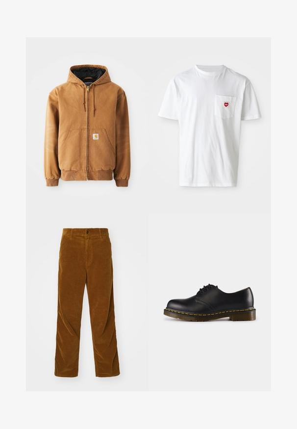 Casaco com capuz castanho com fecho éclair, bolsos frontais, cordões ajustáveis, punhos canelados e um pequeno rótulo quadrado no bolso esquerdo.; Camiseta branca de algodão com decote redondo e mangas curtas. Apresenta um pequeno logo em forma de coração vermelho no bolso esquerdo do peito.; Carhartt WIP SINGLE KNEE PANT - Calças - deep brown rinsed; Shoe preto de couro com biqueira arredondada, design de atacador, costura amarela ao longo da sola e uma sola de borracha texturizada e robusta.