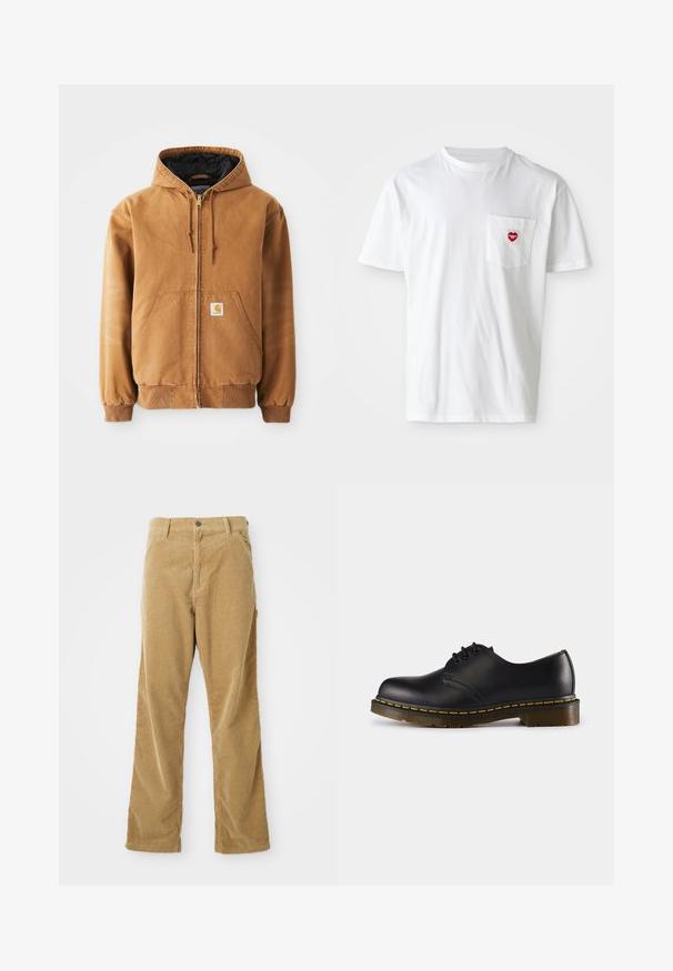 Braune Reißverschlussjacke mit Kapuze, frontalen Taschen, Kordelzügen, gerippten Bündchen und einem kleinen quadratischen Etikett auf der linken Tasche.; Weißes Baumwoll-T-Shirt mit rundem Halsausschnitt und kurzen Ärmeln. Verfügt über ein kleines rotes Herzlogo auf der linken Brusttasche.; Beige Cordhosen mit frontalen Taschen, Gürtelschlaufen, Knopfverschluss und geradem Bein, flach auf einem weißen Hintergrund ausgelegt.; Schwarzer Lederschuh mit abgerundeter Zehenpartie, Schnürdesign, gelbe Stickerei entlang der Sohle und einer kräftigen, strukturierten Gummisohle.