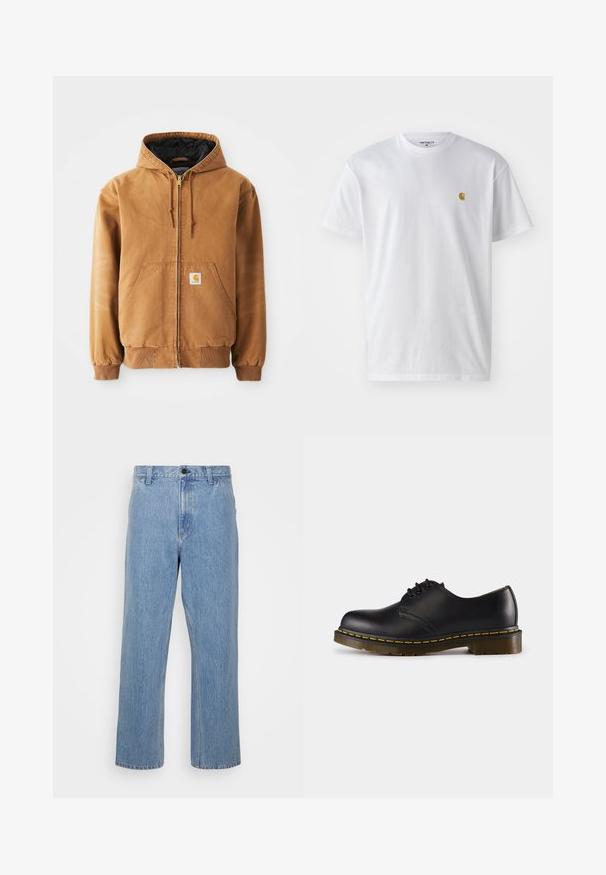 Casaco com capuz castanho com fecho éclair, bolsos frontais, cordões ajustáveis, punhos canelados e um pequeno rótulo quadrado no bolso esquerdo.; T-shirt branca de algodão com mangas curtas, decote redondo, apresentando um pequeno logótipo dourado na área do peito esquerdo. Textura macia e ajuste regular.; Calças de ganga de tom azul claro com corte reto, apresentando um fecho de botão e passadores para cinto. O tecido possui uma textura ligeiramente desgastada.; Shoe preto de couro com biqueira arredondada, design de atacador, costura amarela ao longo da sola e uma sola de borracha texturizada e robusta.