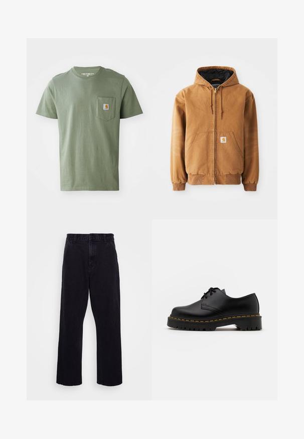 Rjava zip-up jakna s kapuco, sprednjimi žepe, vrvicami, rebrastimi manšetami in majhno kvadratno oznako na levem žepu.; Olivno zelena majica iz bombaža, s krojem na vratu, kratkimi rokavi in žepom na levi prsni strani s logotipnim našitkom.; Črne denim hlače s ravnim krojem, z gumbom in zadrgo, pasom za obleko ter minimalnimi šivi.; Črne usnjene čevlje z vezalkami in zaobljenim nosom, z gumijastim podplatom in rumenim šivom okoli osnove. Ravna zasnova in gladka površina.