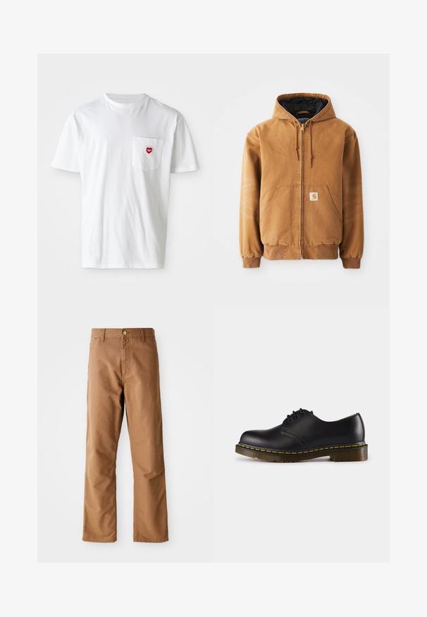 Casaco com capuz castanho com fecho éclair, bolsos frontais, cordões ajustáveis, punhos canelados e um pequeno rótulo quadrado no bolso esquerdo.; Camiseta branca de algodão com decote redondo e mangas curtas. Apresenta um pequeno logo em forma de coração vermelho no bolso esquerdo do peito.; Calças castanhas de perna reta com passantes para cinto, bolsos frontais, fecho com botão e zipper em fundo branco.; Shoe preto de couro com biqueira arredondada, design de atacador, costura amarela ao longo da sola e uma sola de borracha texturizada e robusta.