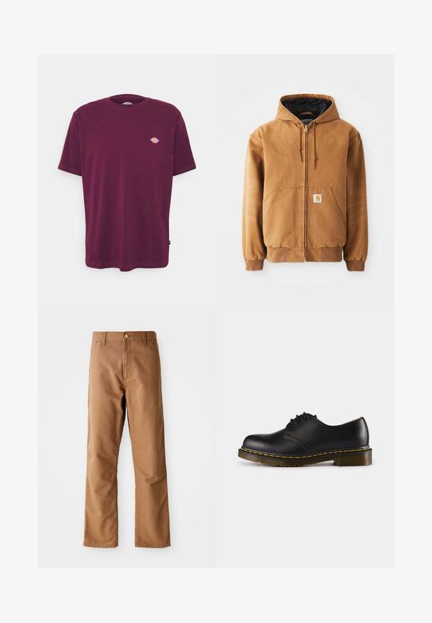 Casaco com capuz castanho com fecho éclair, bolsos frontais, cordões ajustáveis, punhos canelados e um pequeno rótulo quadrado no bolso esquerdo.; T-shirt de algodão bordô com gola redonda, mangas curtas e um pequeno logotipo multicolorido no peito. Textura suave, ajuste standard.; Calças castanhas de perna reta com passantes para cinto, bolsos frontais, fecho com botão e zipper em fundo branco.; Shoe preto de couro com biqueira arredondada, design de atacador, costura amarela ao longo da sola e uma sola de borracha texturizada e robusta.