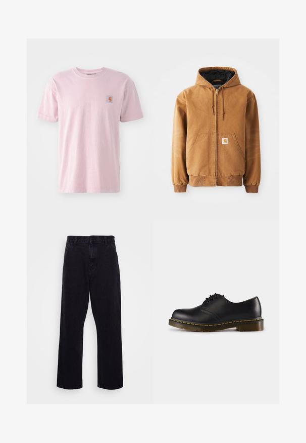 Giacca con zip marrone con cappuccio, tasche frontali, cordini, polsini a coste e una piccola etichetta quadrata sulla tasca sinistra.; T-shirt in cotone rosa con maniche corte, colletto rotondo e una piccola etichetta quadrata sul lato sinistro del petto. Texture liscia, vestibilità comoda.; Pantaloni in denim nero con design a gamba dritta, dotati di chiusura con bottone e zip, passanti per cintura e dettagli di cucitura minimi.; Scarpa in pelle nera con punta arrotondata, design con lacci, cuciture gialle lungo la suola e suola in gomma spessa e testurizzata.