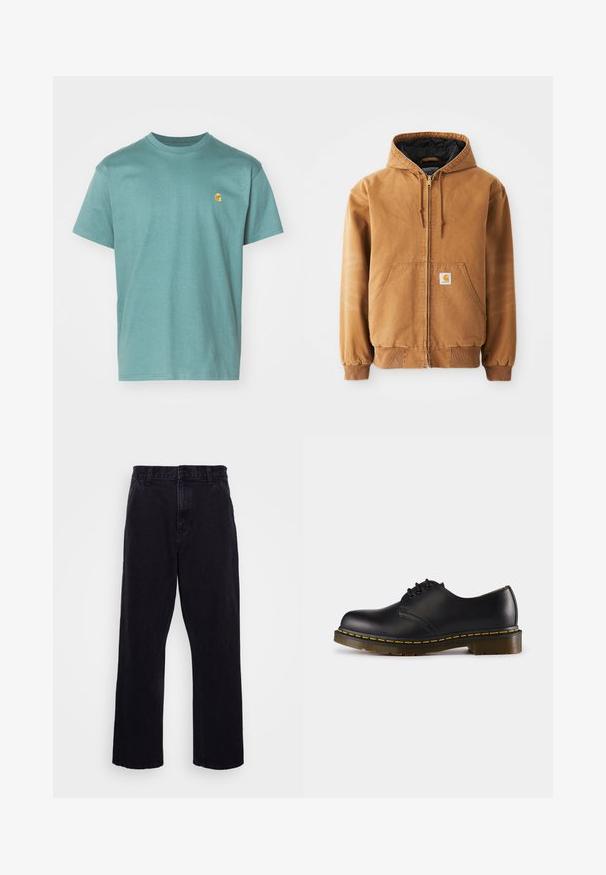 Brown zip-up hooded jacket with front pockets, drawstrings, ribbed cuffs, and a small square label on the left pocket.; Cotton t-shirt in teal, short sleeves, crew neckline, featuring a small yellow logo on the left chest. Textured fabric with a smooth finish.; Black denim trousers with a straight leg design, featuring a button and zip closure, belt loops, and minimal stitching details.; Black leather shoe with rounded toe, lace-up design, yellow stitching along the sole, and a chunky, textured rubber outsole.