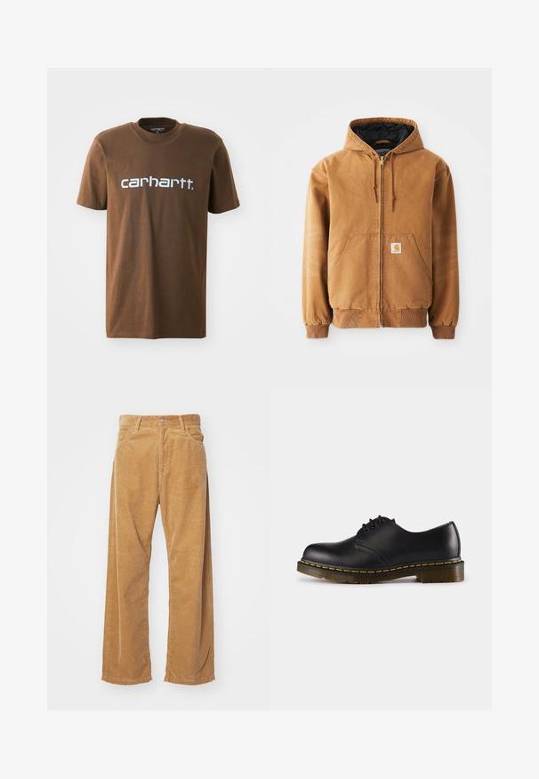 Smeđi zip-up kaput s kapuljačom, prednjim džepovima, vezicama, rebrastim manžetama i malom kvadratnom etiketom na lijevom džepu.; Smeđa pamučna majica kratkih rukava s bijelim ispisom "carhartt" na prsima. Standardni dizajn s okruglim izrezom.; Pamučne široke hlače od kordura u boji tamne bež. Imaju teksturirane, vertikalne pruge, standardni pojas i dva prednja džepa.; Crna kožna cipela s zaobljenim prstom, dizajnom na vezivanje, žutim šavovima duž pete i debelim, teksturiranim gumiranim đonom.