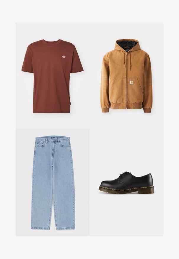 Giacca con zip marrone con cappuccio, tasche frontali, cordini, polsini a coste e una piccola etichetta quadrata sulla tasca sinistra.; T-shirt di cotone marrone con maniche corte,.collo rotondo e un piccolo logo sul petto. Tessuto liscio e taglio dritto.; Jeans in denim azzurro chiaro con design a gamba dritta, caratterizzati da una vita media, cinque tasche e chiusura con bottone e zip.; Scarpa in pelle nera con punta arrotondata, design con lacci, cuciture gialle lungo la suola e suola in gomma spessa e testurizzata.