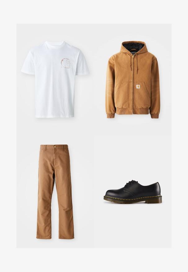 Bruine rits-hoodie met voorzakken, trekkoorden, geribbelde manchetten en een klein vierkant label op de linkerzak.; Witte katoenen t-shirt met een klein bruin spiraallogo op de linkerkant van de borst, met korte mouwen en een ronde halsontwerp.; Bruine rechte broek met riemlussen, voorkant zakken, knoopsluiting en rits op een witte achtergrond.; Zwarte leren schoen met een ronde neus, vetersluiting, gele stiksels langs de zool en een stevige, geprofileerde rubberen buitenzool.