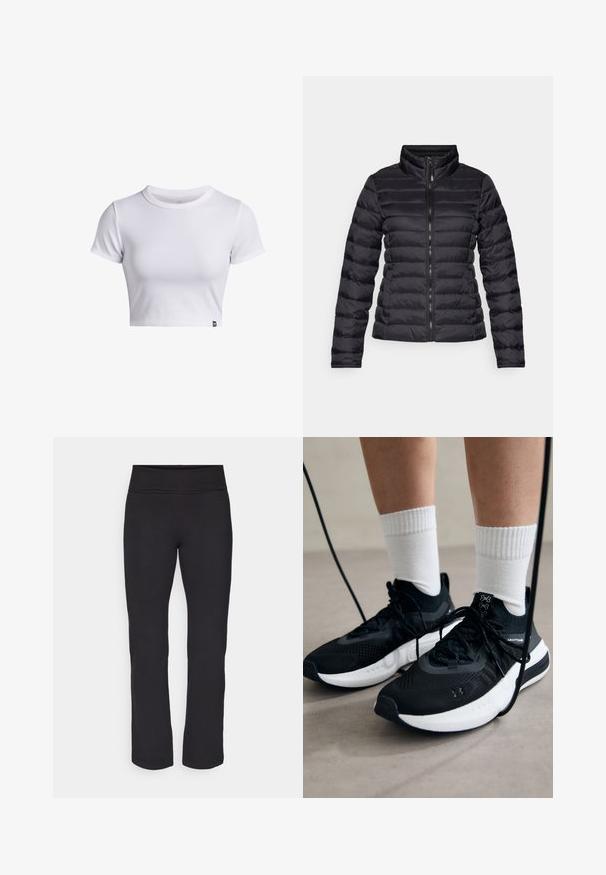 Czarna kurtka puchowa z wysokim kołnierzem, poziomym przeszyciem, pełnym zamkiem błyskawicznym z przodu i dopasowanymi rękawami. Gładka, błyszcząca tekstura.; Biały, żeberkowany, krótki rękaw, krótki t-shirt z okrągłym dekoltem i małą czarną metką na dolnym brzegu.; Czarne legginsy z gładkiego, elastycznego materiału i szerokim paskiem w talii. Posiadają proste, pełnej długości nogawki i nie mają widocznych wzorów ani akcentów.; Czarne buty sportowe z teksturowanym materiałem, białą podeszwą i czarnymi sznurowadłami. Nosi je osoba w białych skarpetkach w prążki, stojąca na jasnej powierzchni.