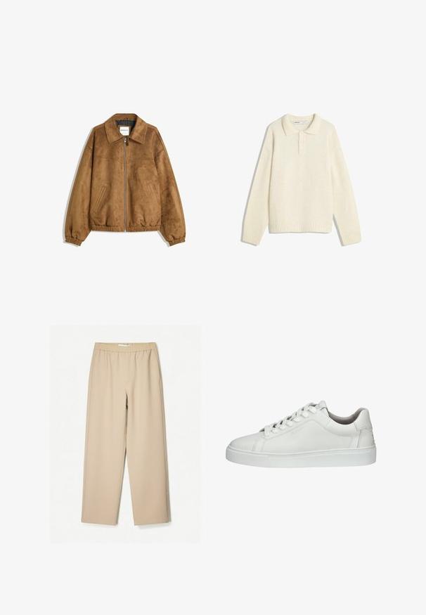 Giacca in finta pelle scamosciata marrone con zip sul davanti, colletto a punta, polsini ed orlo elastici, caratterizzata da tasche laterali a scomparsa e una texture liscia.; Maglione color crema con collo a camicia, chiusura a quattro bottoni, ampi polsini a coste e orlo. Texture morbida, vestibilità rilassata e design minimale.; Pantaloni a gamba larga beige con vita elastica, realizzati in tessuto morbido, caratterizzati da una texture liscia e dettagli di cucitura minimi.; Sneaker in pelle bianca con punta rotonda, design con lacci, collo imbottito, suola in gomma testurizzata e dettaglio del logo in rilievo sul lato.
