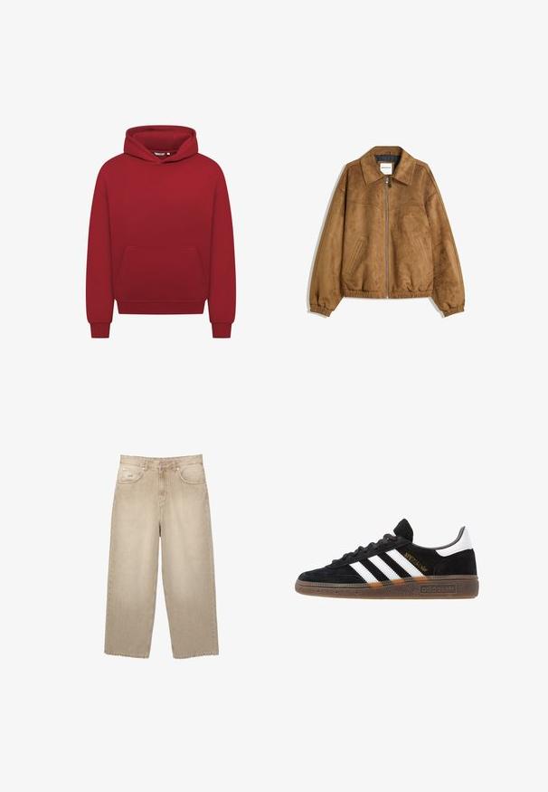 Brown faux suede jacket with a zip front, pointed collar, elastic cuffs, and hem, featuring side slip pockets and a smooth texture.; Red hooded sweatshirt made of soft fabric, featuring a front pouch pocket, ribbed cuffs, and a relaxed fit design. Smooth texture, no patterns.; Plain white short-sleeve relaxed-fit T-shirt laid flat on light gray background.; Beige wide-leg denim jeans with a high waist, featuring a frayed hem, two front pockets, and subtle stitching details.; Black Adidas sneaker with white stripes, gold "Spezial" text, gum sole, and white heel tab, shown in profile view.