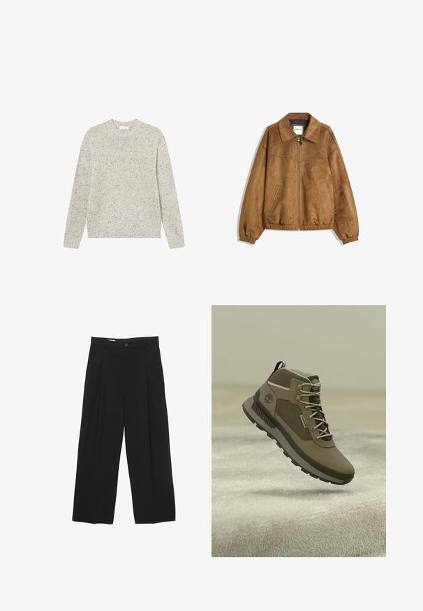 Giacca in finta pelle scamosciata marrone con zip sul davanti, colletto a punta, polsini ed orlo elastici, caratterizzata da tasche laterali a scomparsa e una texture liscia.; Maglione grigio chiaro lavorato a maglia con scollo rotondo, maniche lunghe e texture screziata. Polsini e orlo ribattuti; etichetta visibile allo scollo.; Pantaloni neri a gamba larga realizzati in tessuto morbido, con vita piatta, pinces frontali e chiusura con un bottone.; Scarpe da trekking marroni con una parte superiore testurizzata, caratterizzate da accenti grigi, lacci resistenti e una suola in gomma con un battistrada a motivo per migliorare la trazione.