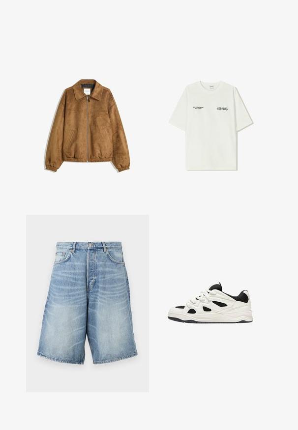 Smeđa lažna suđena jakna s patentnim zatvaračem, šiljastim ovratnikom, elastičnim manžetama i rubom, s bočnim džepovima i glatkom teksturom.; Bijela pamučna majica kratkih rukava. Na prednjem dijelu nalazi se crni natpis: "NE SJUTRA NE DANAS" i "UMJETNOST KRETANJA PRAHOM" na zelenoj boji.; Traper šorts u svijetloplavoj boji s izblješnjem pranjem. Imaju pojas s kopčanjem, petlje za remen i dva prednja džepa.; Bijele i crne atletske cipele s teksturiranim đonom, s izrezanim dizajnom sa strana i pertlama, te podstavljenim stražnjim dijelom za podršku.