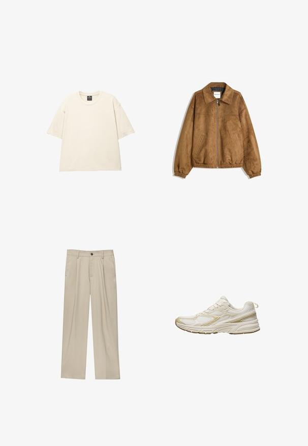 Rjava jakna iz umetnega semiša z zadrgo spredaj, koničastim ovratnikom, elastičnimi manšetami in robom, ki ima stranske žepe in gladko teksturo.; Prevelika bež majica iz mehkega bombaža, z okroglim izrezom, kratkimi rokavi in čistimi, preprostimi šivi. Brez vzorcev ali grafik.; Bež hlače ravnega kroja, z enim črnim gumbom, zanke za pas in stranskimi žepi. Gladka tekstura tkanine in minimalističen dizajn.; Bele športne čevlje iz mrežastega in sintetičnega materiala, z zaobljenim prstom, oblazinjeno podplatom in bež poudarki na straneh.