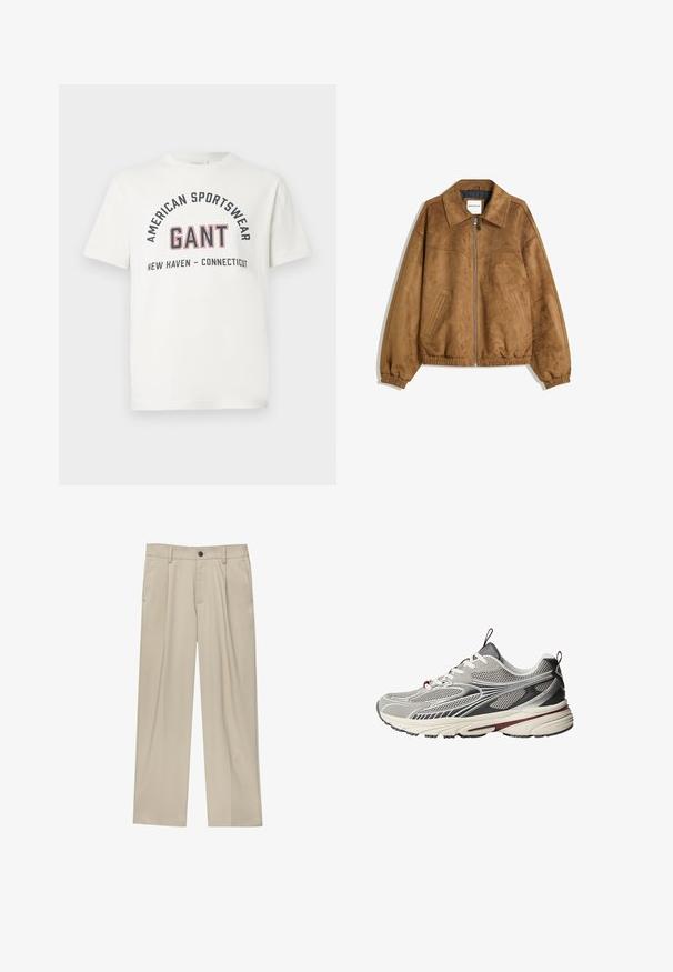 Smeđa lažna suđena jakna s patentnim zatvaračem, šiljastim ovratnikom, elastičnim manžetama i rubom, s bočnim džepovima i glatkom teksturom.; Bijela majica kratkih rukava s natpisima "AMERICAN SPORTSWEAR", "GANT" i "NEW HAVEN - CONNECTICUT" tiskanim sprijeda crnim i crvenim slovima.; Bež hlače ravnog kroja s jednim crnim gumbom, petljama za remen i bočnim džepovima. Glatka tekstura tkanine i minimalistički dizajn.; Sive tenisice za sport s gornjim dijelom od mrežaste tkanine i kože, teksturiranim površinama, kontrastnim crnim i burgundskim akcentima te podstavljenim potplatom.