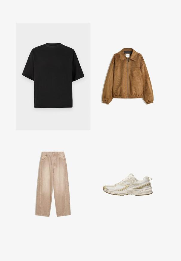 Brązowa kurtka z sztucznego zamszu z zamkiem błyskawicznym z przodu, spiczastym kołnierzem, elastycznymi mankietami i dolnym obszyciem, z bocznymi kieszeniami i gładką teksturą.; Czarna, krótka koszulka w luźnym kroju, wykonana z gładkiej bawełny, z okrągłym dekoltem i minimalistycznym designem.; Beżowe spodnie w szerszym kroju z kieszeniami z przodu, szlufkami na pasek oraz zamek błyskawiczny z zapięciem na guzik, wykonane z materiału sztruksowego w pionowe prążki.; Białe sportowe buty wykonane z siateczki i materiału syntetycznego, z okrągłym noskiem, amortyzowaną podeszwą i beżowymi akcentami po bokach.