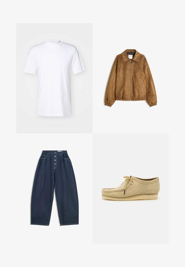 Brązowa kurtka z sztucznego zamszu z zamkiem błyskawicznym z przodu, spiczastym kołnierzem, elastycznymi mankietami i dolnym obszyciem, z bocznymi kieszeniami i gładką teksturą.; Biała koszulka z krótkim rękawem wykonana z bawełny, z okrągłym dekoltem i prostym zakończeniem. Gładka faktura i brak widocznych wzorów czy akcentów.; Granatowe, dżinsowe spodnie w szerokim kroju z wysokim stanem, pięcioma guzikami i pięcioma kieszeniami. Posiadają przeszycia na szwach.; Beżowe zamszowe buty z sznurowaniem, przeszyciami i gumową podeszwą. Kształt jest casualowy z lekkim obcasem na poziomie.