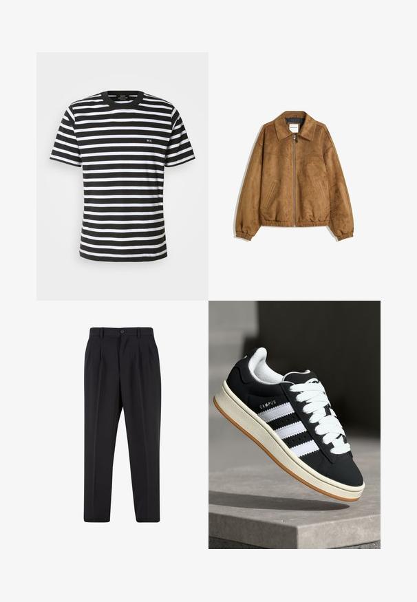 Smeđa lažna suđena jakna s patentnim zatvaračem, šiljastim ovratnikom, elastičnim manžetama i rubom, s bočnim džepovima i glatkom teksturom.; Crna i bijela prugasta majica s kratkim rukavima i okruglim izrezom, s malim izvezenim "MN" na prednjoj strani. Napravljena od mekog pamučnog materijala.; Crne hlače s nabranim prednjim dijelom, izrađene od glatkog materijala. Imaju zatvaranje na gumb i petlje za remen; ravne su krojen.; Crna tenisica s bijelim prugama, vezicama, teksturiranim gornjim dijelom i gumeni potplat. Na bočnoj strani se nalazi logo "CAMPUS" i gumeni potplat.