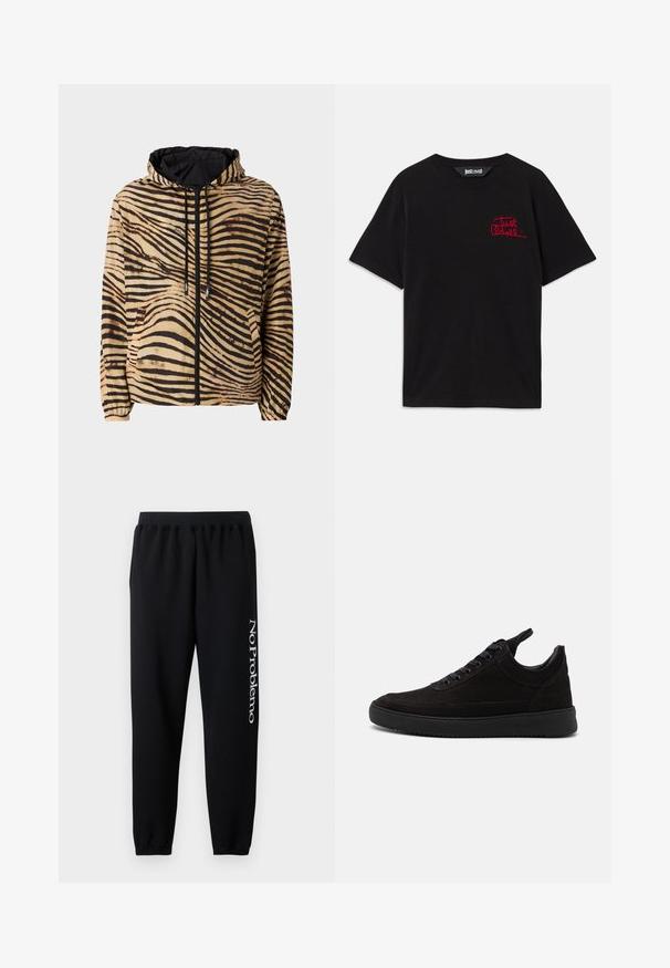 Kapitánová bunda v béžovém a černém tygřím pruhu, s předním zipem, elastickými manžetami a logem na levé straně.; Černé bavlněné tričko s krátkým rukávem a kulatým výstřihem. Na levé přední straně má vyšívané logo "Just Cavalli" v červené barvě.; Černé tepláky s elastickým pasem, zúženýmianklemi a bílým textem "No Problemo" vytištěným na levé noze. Měkký materiál z bavlny.; Černé semišové tenisky s kulatou špičkou, šněrovacím předním dílem, polstrovaným límcem a texturovanou gumovou podrážkou pro lepší úchop. Minimalistický design a hladký povrch.