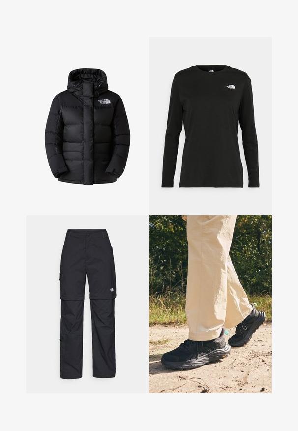 Jachetă puffer neagră cu guler înalt, fermoar și închidere tip capse. Dispune de secțiuni matlasate și un logo pe partea superioară stângă a pieptului.; Iarna neagră cu mânecă lungă, din bumbac, cu guler rotund. Prezintă un mic logo alb în zona pieptului stâng. Design simplu și croi lejer.; Pantaloni cargo din nylon negru, cu fermoar detașabil, manșete ajustabile, multiple buzunare și un logo pe piciorul drept. Textură netedă și ușoară.; Tenisi de hiking negri cu un superior texturat, închidere cu șireturi și o talpă groasă cu logo-ul Vibram. Purtați cu pantaloni de culoare deschisă.