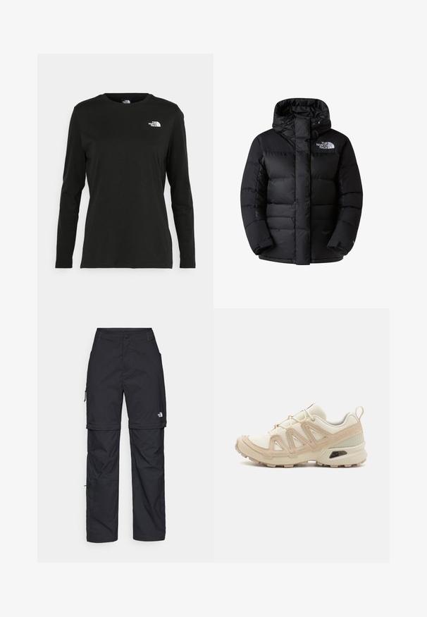 Giubbotto imbottito nero con colletto alto, cerniera e chiusura a bottoni. Presenta sezioni trapuntate e un logo sulla parte superiore sinistra del petto.; T-shirt nera a maniche lunghe in cotone con colletto rotondo. Presenta un piccolo logo bianco sul lato sinistro del petto. Design semplice e vestibilità comoda.; Pantaloni cargo in nylon nero con zip rimovibile, polsini regolabili, molteplici tasche e un logo sulla gamba destra. Tessuto liscio e leggero.; Scarpa atletica beige e crema con tomaia in mesh testurizzato, sovrapposizioni supportive e suola in gomma con un motivo a tasselli per la trazione.