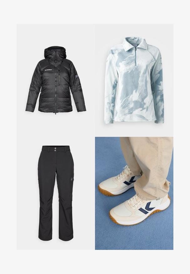 Schwarze Pufferjacke mit Reißverschluss, verstellbarem Kapuzen und Mammut-Logo. Verfügt über ein gestepptes Design und Seitentaschen für zusätzlichen Nutzen.; Columbia GLACIAL™ PRINT 1/2 ZIP - Fleecepullover - crushed blue snowflight; Schwarze Outdoor-Hosen mit geradem Schnitt, Knopfverschluss, seitlichen Reißverschlusstaschen und einem Logo-Patch auf dem linken Oberschenkel.; Helle beige Sportschuhe mit dunkelblauen Akzenten, texturiertem Obermaterial und Gummisohle. Schnürsenkel und gepolsterter Kragen für zusätzlichen Komfort.