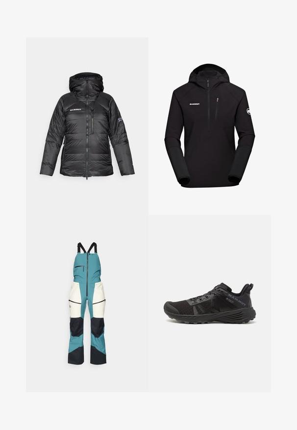 Zwarte pufferjack met ritsluiting, verstelbare capuchon en Mammut-logo. Heeft een gewatteerd ontwerp en zijzakken voor functionaliteit.; Zwarte Mammut-jack met een capuchon, voorzien van een ritszak op de borst, een gestructureerd lichaam en gladde mouwen voor een contrasterend ontwerp.; Peak Performance VERTICAL GORE-TEX PRO BIB - Skibroek - hydro fresh/sand fog; Zwarte hardloopschoen met een gestructureerde mesh bovenkant, versterkte neus en rubberen zool. Voorzien van een vetersysteem en logodetail aan de zijkant.