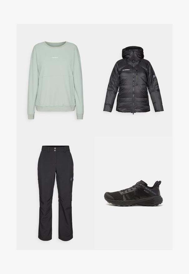 Čierna puffová bunda so zipsom, nastaviteľnou kapucňou a logom Mammut. Obsahuje prešívaný dizajn a bočné vrecká pre praktické využitie.; Svetlozelená textúrovaná mikina s dlhými rukávmi a okrúhlym výstrihom. Obsahuje biele logo na hrudi a rebrovaný lem a manžety.; Čierne vonkajšie nohavice so strihom do rovna, s gombíkovým zapínaním, zipsovými bočnými vreckami a logo nášivkou na ľavom stehne.; Čierne běžecké topánky s textúrovaným sieťovaným zvrškom, zosilnenou špičkou a gumovou podrážkou. Obsahujú šnurovací systém a logo na boku.