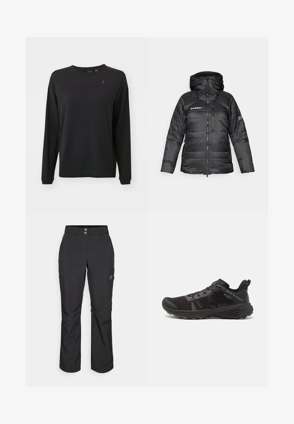Sort pufferjakke med lynlåslukning, justerbar hætte og Mammut-logo. Har quiltet design og sidelommer for praktisk brug.; Sort langærmet skjorte med tekstureret stof, rund hals og et subtilt logo på brystet. Har en afslappet pasform og syet detaljer.; Sorte udendørsbukser med lige snit, der har knaplukning, lynlåslommer i siderne og et logo-patch på venstre lår.; Sort løbesko med en tekstureret mesh-overdel, forstærket tåhætte og gummi-sål. Har snøresystem og logo-detaljer på siden.