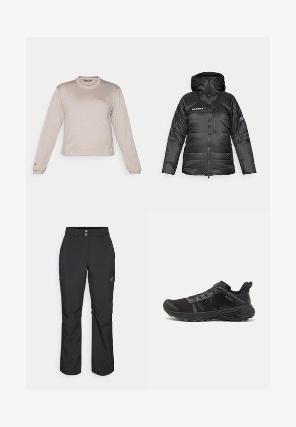 Chaqueta de plumas negra con cierre de cremallera, capucha ajustable y logo de Mammut. Cuenta con un diseño acolchado y bolsillos laterales para mayor comodidad.; Camisa deportiva de manga larga, color beige claro, hecha de una tela texturizada y transpirable, con cuello redondo y un logo sutil en el pecho.; Pantalones exteriores negros de corte recto, con cierre de botón, bolsillos laterales con cremallera y un parche con el logotipo en el muslo izquierdo.; Zapatilla de running negra con parte superior de malla texturizada, puntera reforzada y suela de goma. Presenta un sistema de cordones y detalles del logo en el costado.