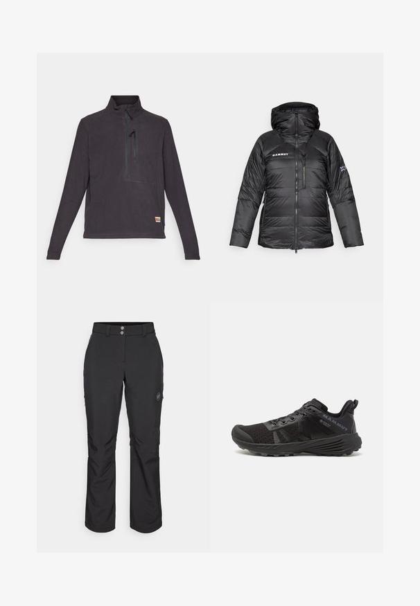 Fekete puffertakaró kabát cipzárral, állítható kapucnival és Mammut logóval. Tűzött dizájn és oldalsó zsebek a praktikus használat érdekében.; Sötétszürke gyapjú pulóver magas gallérral, negyed cipzárral és elülső zsebbel. Az alsó jobboldalon egy kis logó folt található. Sima textúra.; Fekete, egyenes szabású kinti nadrág, gombos záródással, cipzáros oldalzsebekkel és logóval a bal combon.; Fekete futócipő textúrázott hálós felsőrésszel, megerősített orral és gumi talppal. Felszereltsége fűzős rendszer és logó részletezés az oldalon.