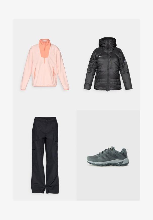 Schwarze Pufferjacke mit Reißverschluss, verstellbarem Kapuzen und Mammut-Logo. Verfügt über ein gestepptes Design und Seitentaschen für zusätzlichen Nutzen.; Helles rosa Fleece-Pullover mit einem halben Reißverschluss am Kragen, einem kontrastierenden korallenfarbenen Frontpanel und zwei seitlichen Reißverschlusstaschen. Weicher Stoff, lässiger Schnitt.; Columbia BREA FALLS™ COTTON RIPSTOP PANT - Outdoor-Hose - black; Dunkelgraue Wanderschuhe mit Obermaterial aus Mesh und Wildleder, Schnürdesign, gepolsterter Sohle und robuster Außensohle mit Grip-Muster.