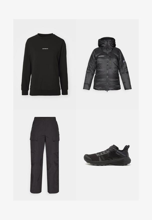Černá péřová bunda s zipem, nastavitelnou kapucí a logem Mammut. Obsahuje prošívaný design a boční kapsy pro užitečnost.; Černá mikina vyrobená z texturovaného materiálu. Má kulatý výstřih, dlouhé rukávy a centrální logo v bílé barvě, s přiléhavým lemem.; Černé cargo kalhoty vyrobené z odolné tkaniny, s několika bočními kapsami, s knoflíkovým zapínáním a volným střihem se rovnými nohavicemi.; Černá běžecká bota s texturovaným síťovaným svrškem, zesílenou špičkou a gumovou podešví. Má systém šněrování a logo umístěné na boku.