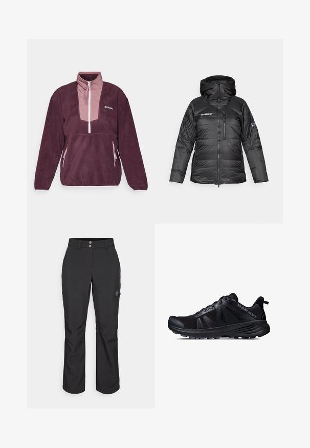 Zwarte pufferjack met ritsluiting, verstelbare capuchon en Mammut-logo. Heeft een gewatteerd ontwerp en zijzakken voor functionaliteit.; Columbia SEQUOIA GROVE™ 1/2 ZIP - Fleece trui - moonvista/fig/pink dawn; Zwarte outdoor pants met een rechte snit, voorzien van een knoopsluiting, ritszakken aan de zijkant en een logo-label op de linker bovenbeen.; Zwarte trailrunningschoen met een mesh bovenkant en rubberen zool. Heeft textuur overlays, een versterkte neuskap en het merkteken op de hiel.