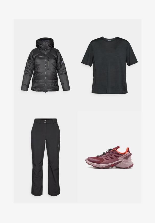 Černá péřová bunda s zipem, nastavitelnou kapucí a logem Mammut. Obsahuje prošívaný design a boční kapsy pro užitečnost.; Černé sportovní tričko s krátkým rukávem vyrobené z lehkého, vlhkost-odpudivého materiálu. Má kulatý výstřih a malé logo na hrudi.; Černé venkovní kalhoty se střihy rovného kroje, s knoflíkovým zapínáním, zipovými bočními kapsami a logem na levém stehně.; Trailové běžecké boty v burgundské a růžové barvě. Mají síťovinový svršek, lehkou podešev a dynamickou trakci s viditelnými výstupky. Obsahují elastický systém šněrování.