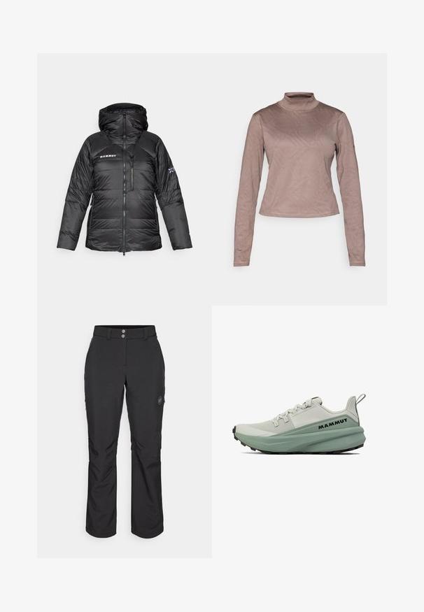Svart pufferjacka med dragkedja, justerbar huva och Mammut-logotyp. Har en kviltad design och sidofickor för praktisk användning.; Columbia GRANITE POINT™ - Långärmad tröja - iron; Svarta utomhusbyxor med rak passform, med knappstängning, fickor med dragkedja på sidan och en logotypapplikation på vänster lår.; Ljusgrå sportskor med mintgröna detaljer, med en strukturerad mesh-överdel, kraftig sula och svart yttersula. Logotyp visas på sidan.
