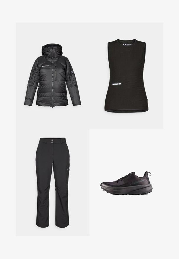 Czarna kurtka puchowa z zamkiem błyskawicznym, regulowanym kapturem i logo Mammut. Posiada pikowaną konstrukcję oraz boczne kieszenie dla zwiększenia funkcjonalności.; Czarny bezrękawnik z teksturowanym wzorem, z okrągłym dekoltem i logo "MAMMUT" z przodu. Wykonany z materiału oddychającego.; Czarne spodnie outdoorowe o prostym kroju, z zapięciem na guzik, zapinanymi na zamek bocznymi kieszeniami oraz naszywką z logo na lewej udzie.; Czarne buty sportowe z oddychającą cholewką, teksturowaną podeszwą i wyraźną, amortyzowaną wkładką. Zawierają pętlę do wciągania oraz sznurowany design.