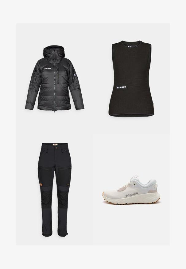 Jachetă neagră tip puffer cu închidere cu fermoar, glugă ajustabilă și logo Mammut. Dispune de un design matlasat și buzunare laterale pentru utilitate.; Cămașă neagră fără mâneci, cu un model texturat, având o decupare rotundă la gât și un logo "MAMMUT" pe față. Realizată dintr-un material respirabil.; Fjällräven KEB AGILE TROUSERS - Pantaloni outdoor - black; Pantofii sport Columbia, ușori, din plasă albă, cu o talpă texturată gri și tracțiune din cauciuc. Prezintă o margine căptușită și un design cu șireturi.