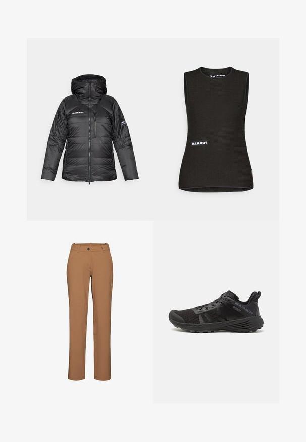 Černá péřová bunda s zipem, nastavitelnou kapucí a logem Mammut. Obsahuje prošívaný design a boční kapsy pro užitečnost.; Černé bezrukávové tričko s texturovaným vzorem, s kulatým výstřihem a logem "MAMMUT" na přední straně. Vyrobeno z prodyšného materiálu.; Mammut Outdoorové kalhoty - claystone; Černá běžecká bota s texturovaným síťovaným svrškem, zesílenou špičkou a gumovou podešví. Má systém šněrování a logo umístěné na boku.