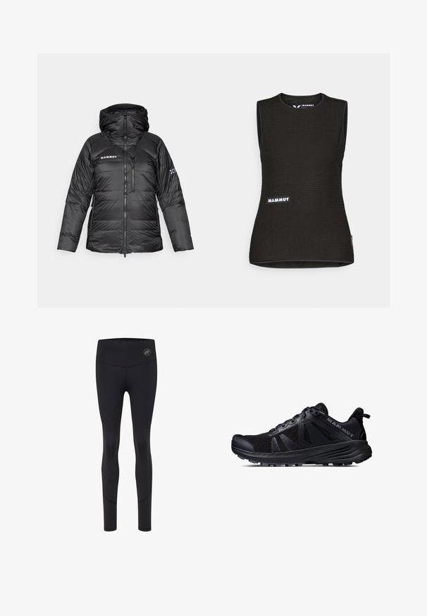Doudoune noire avec fermeture éclair, capuche réglable et logo Mammut. Caractéristiques comprenant un design matelassé et des poches latérales pour plus de praticité.; T-shirt sans manches noir avec un motif texturé, doté d'un col rond et d'un logo "MAMMUT" à l'avant. Fabriqué en matériau respirant.; Leggings de sport noirs avec une taille haute, featuring un logo sur le devant, texture lisse et coupe ajustée.; Botte de trail running noire avec une tige en mesh et une semelle en caoutchouc. Présente des superpositions texturées, une coque de protection renforcée et un logo de la marque sur le talon.