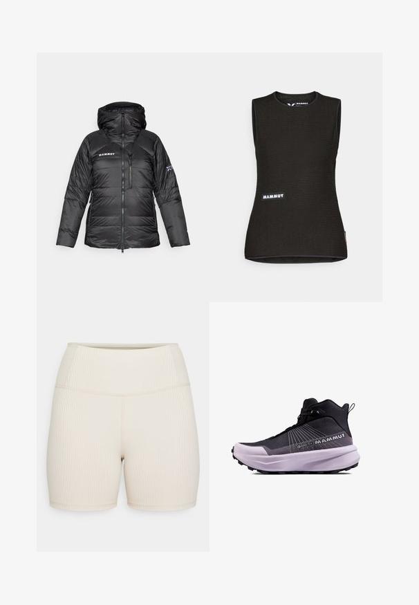 Doudoune noire avec fermeture éclair, capuche réglable et logo Mammut. Caractéristiques comprenant un design matelassé et des poches latérales pour plus de praticité.; T-shirt sans manches noir avec un motif texturé, doté d'un col rond et d'un logo "MAMMUT" à l'avant. Fabriqué en matériau respirant.; Shorts côtelés beiges avec une taille haute. Texture lisse, design ajusté et longueur mi-cuisse. Pas de matériel ou de motifs visibles.; Bottes de randonnée noires et violettes avec une tige texturée, un logo Gore-Tex et une semelle rembourrée dotée d'une semelle robuste pour une bonne adhérence.