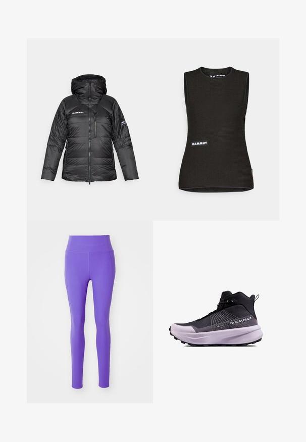 Zwarte pufferjack met ritsluiting, verstelbare capuchon en Mammut-logo. Heeft een gewatteerd ontwerp en zijzakken voor functionaliteit.; Zwart mouwloos shirt met een textuurpatroon, voorzien van een ronde halslijn en een "MAMMUT" logo op de voorkant. Gemaakt van ademend materiaal.; Girlfriend Collective COMPRESSIVE HIGH RISE LEGGING LONG - Tights - wild iris; Zwarte en paarse wandelschoenen met een gestructureerde bovenkant, Gore-Tex branding en een gevoerde zool met een robuust profiel voor grip.