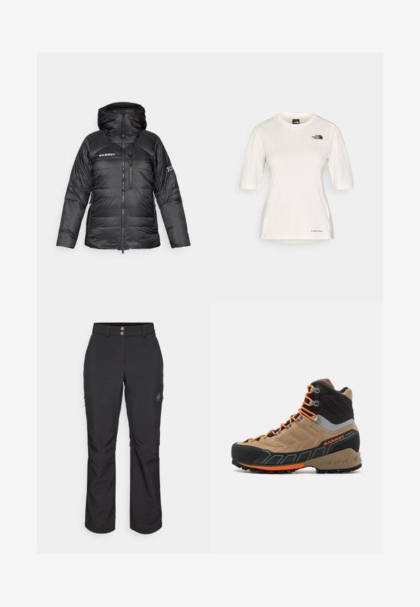 Czarna kurtka puchowa z zamkiem błyskawicznym, regulowanym kapturem i logo Mammut. Posiada pikowaną konstrukcję oraz boczne kieszenie dla zwiększenia funkcjonalności.; The North Face - Koszulka sportowa; Czarne spodnie outdoorowe o prostym kroju, z zapięciem na guzik, zapinanymi na zamek bocznymi kieszeniami oraz naszywką z logo na lewej udzie.; Beżowe i czarne wysokie buty trekkingowe z pomarańczowymi sznurowadłami, gumową osłoną palców, teksturowaną cholewką i wytrzymałą podeszwą. Posiada wzmacniane wsparcie kostki.