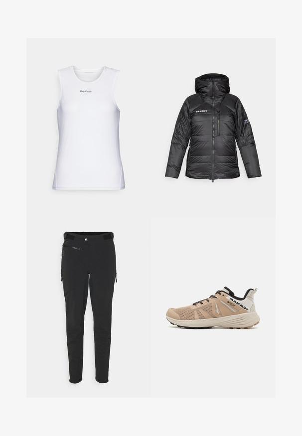 Sort pufferjakke med lynlåslukning, justerbar hætte og Mammut-logo. Har quiltet design og sidelommer for praktisk brug.; Hvid ærmeløs atletisk top med et tekstureret mesh-design. Har en rund halsudskæring og "GripGrab" logo i grå over brystet.; Sorte udendørsbukser lavet af strækstof med lynlåslommer, slim fit og en glat overflade samt forstærkede knæpaneler.; Herresko til vandreture med en beige mesh-overdel, forstærket tåkap, sorte detaljer og en robust ydersål for godt greb.