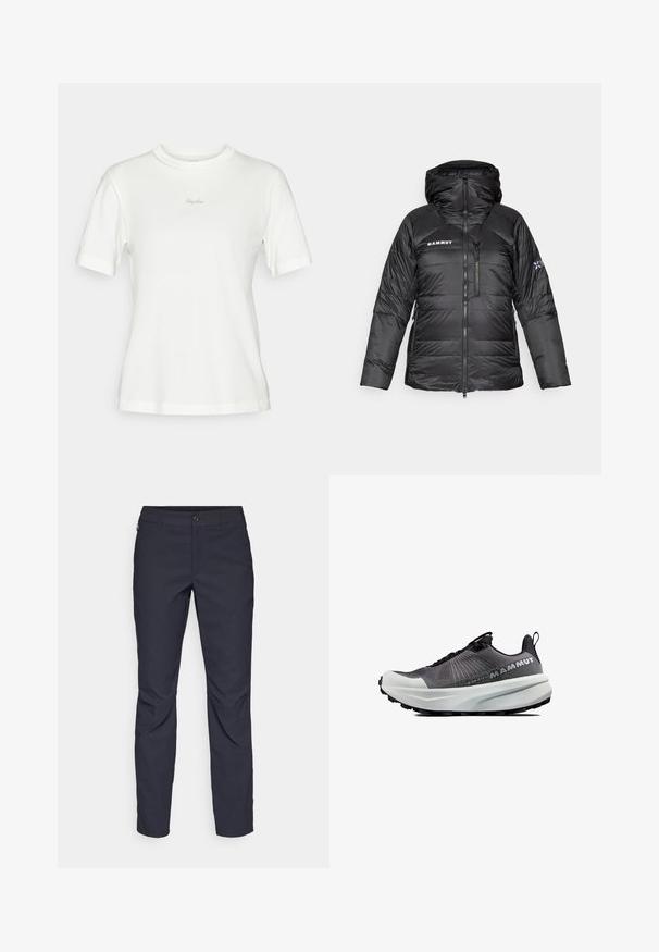 Black puffer jacket with a zip closure, adjustable hood, and Mammut logo. Features quilted design and side pockets for utility.; White short-sleeve t-shirt made from soft cotton, featuring a round neckline and subtle embroidered "Rapha" logo on the chest.; Navy blue pants made of smooth fabric, featuring a front button closure, slim-fit design, and creased detailing at the knees.; Black athletic shoe with a mesh upper, white cushioned sole, and rugged black outsole. Features a pull tab and minimalist lacing system.