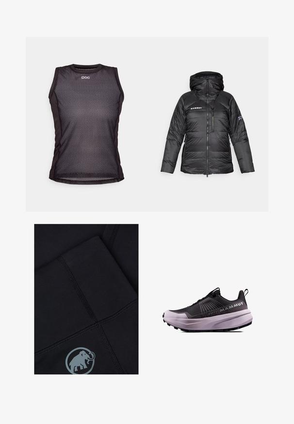 Doudoune noire avec fermeture éclair, capuche réglable et logo Mammut. Caractéristiques comprenant un design matelassé et des poches latérales pour plus de praticité.; T-shirt de sport noir sans manches avec un design en mesh, doté d'un col rond et du logo POC. Le tissu semble léger et respirant.; Leggings de sport noirs avec des coutures texturées et un logo d'éléphant gris. Matériau lisse et design ajusté. Pas de motifs visibles.; Chaussure de trail running noire et violette avec une tige texturée, une semelle rembourrée et un logo bien visible. Elle dispose d'un design à lacets et d'une semelle résistante.