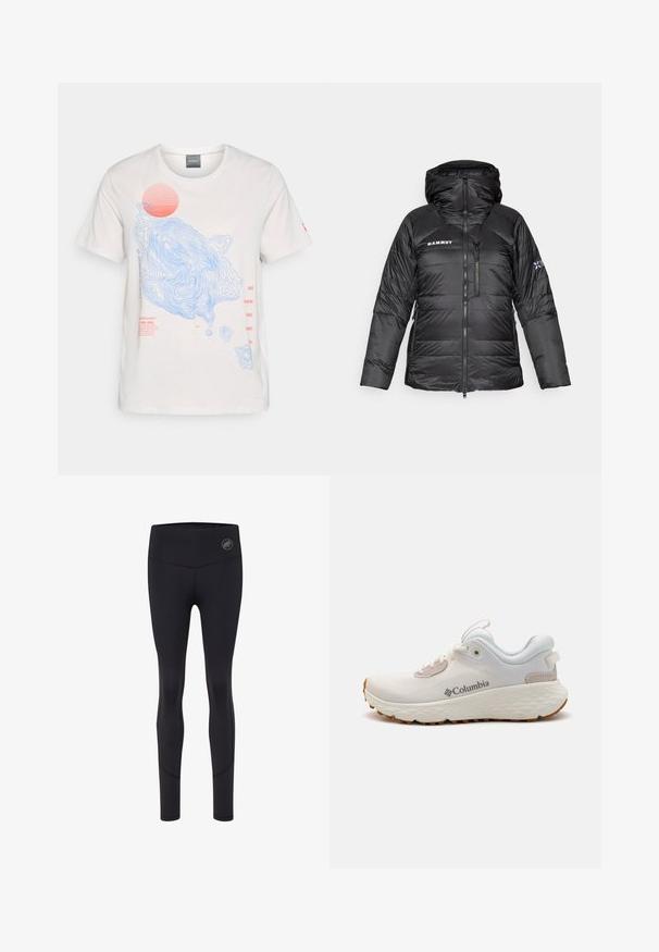 Sort pufferjakke med lynlåslukning, justerbar hætte og Mammut-logo. Har quiltet design og sidelommer for praktisk brug.; Hvid bomulds t-shirt med blå kontur linje designs og et rødt solgrafik, med rød tekstdetalje på forsiden. Korte ærmer, rund hals.; Sorte sportleggings med høj talje, der har et logo på fronten, glat tekstur og en tætsiddende design.; Letvægts Columbia atletiksko i hvid mesh med en struktureret grå sål og gummitræk. Har en polstret krave og snørebåndsdesign.