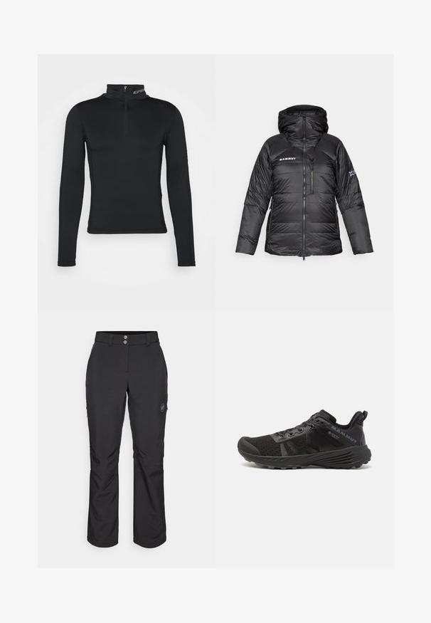 Mustmust rõngaga must puffer jakk, reguleeritava kapuutsiga ja Mammut'i logo. Omab tikanditud disaini ja küljetaskute funktsionaalsust.; Must nagu pikkade varrukatega aluskiht kõrge kaelusega ja neljanda lukuga. Sile tekstuur ja sobiv disain optimeeritud tulemuste saavutamiseks.; Mustad mustad püksid sirge lõikega, millel on nööbiga kinnitamine, lukuga küljetaskud ja logomärk vasakul reiel.; Mustmustel mustuskead tekstureeritud võrgu pealmise osaga, tugevdatud varbalae ja kummist tallaosaga. Omab nöörimise süsteemi ja logo detailimist küljel.